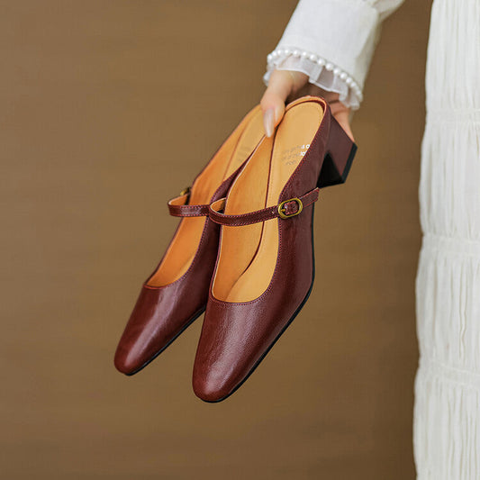 Amelier Women's Leather Mary Jane Mules Slip-On Maroon