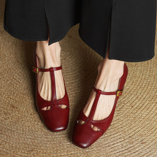 Amelier Women's Leather Pumps Block Heel Brown