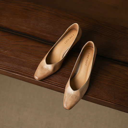 Amelier Women's Leather Pumps Block Heel Apricot