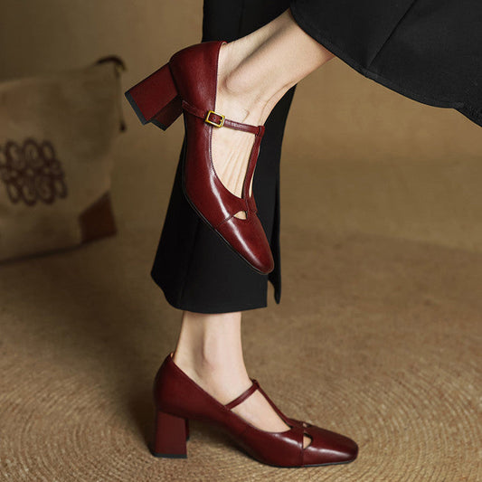 Amelier Women's Leather Pumps Block Heel Brown