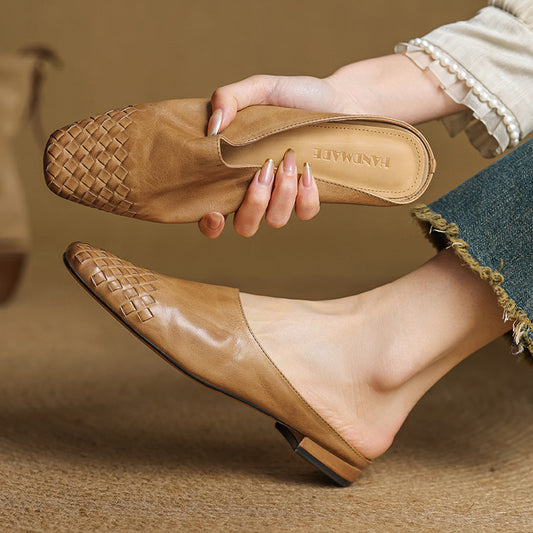 Amelier Women's Woven Leather Mules Slip-On Brown