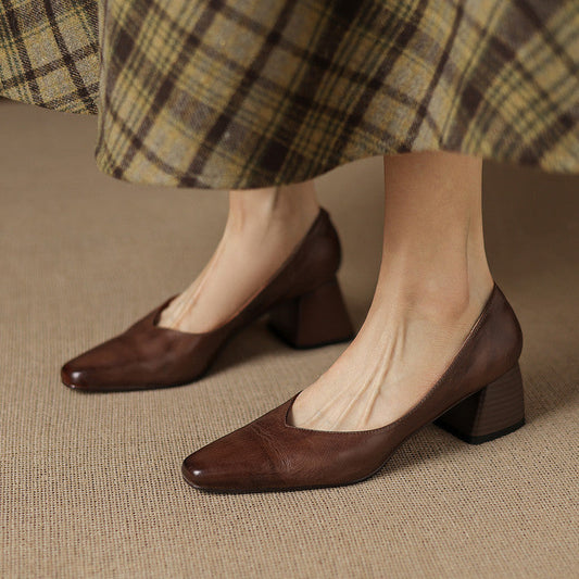 Amelier Women's Leather Pumps Block Heel Closed Toe Apricot