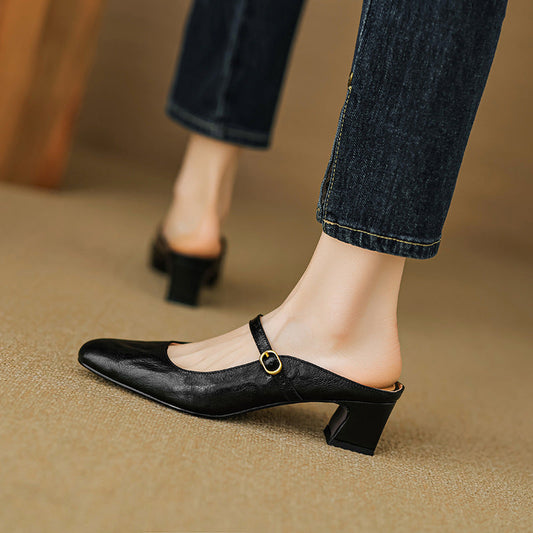 Amelier Women's Leather Mary Jane Mules Slip-On Maroon