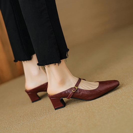 Amelier Women's Leather Mary Jane Mules Slip-On Maroon