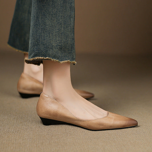 Amelier Women's Leather Flats Pointed Toe Low Block Heel Apricot