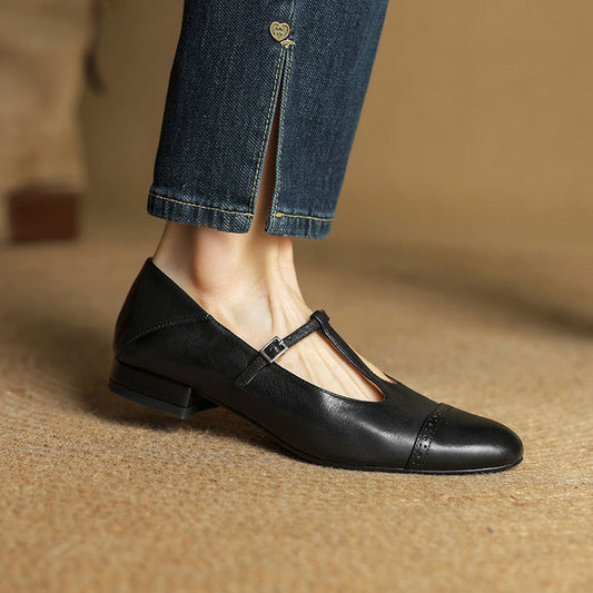 Amelier Women's Leather Brogue Flats T-Strap Lace-Up Maroon