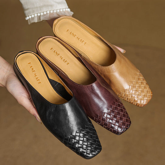 Amelier Women's Woven Leather Mules Slip-On Brown