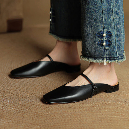 Amelier Women's Leather Mary Jane Mules Square Toe Apricot