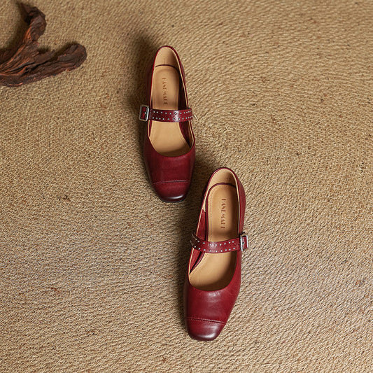 Amelier Women's Leather Mary Jane Pumps Studded Maroon