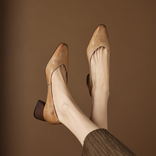 Amelier Women's Leather Pumps Block Heel Apricot