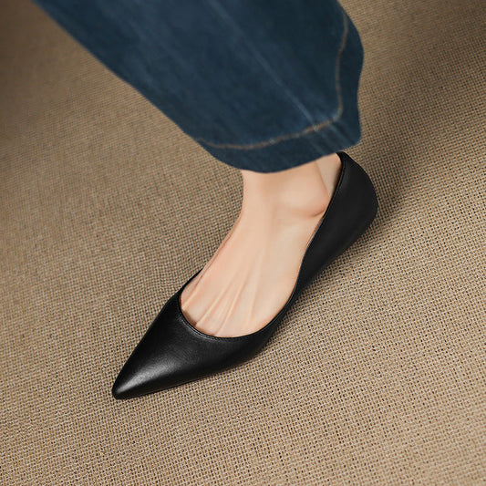 Amelier Women's Leather Flats Pointed Toe Low Block Heel Apricot