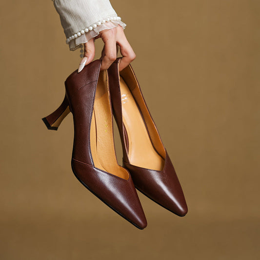 Amelier Women's Leather Heels Pointed Toe Flared Heel