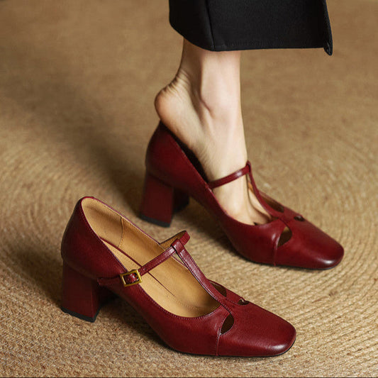 Amelier Women's Leather Pumps Block Heel Brown