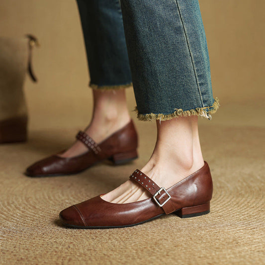 Amelier Women's Leather Mary Jane Pumps Studded Maroon