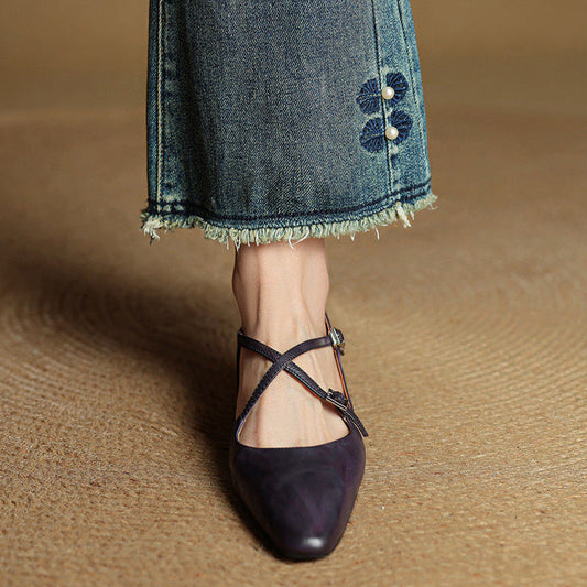 Amelier Women's Leather Ballet Flats Cross-Strap Almond Toe