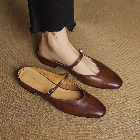 Amelier Women's Leather Mary Jane Mules Brown