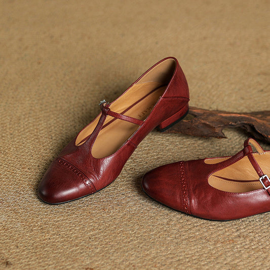 Amelier Women's Leather Brogue Flats T-Strap Lace-Up Maroon