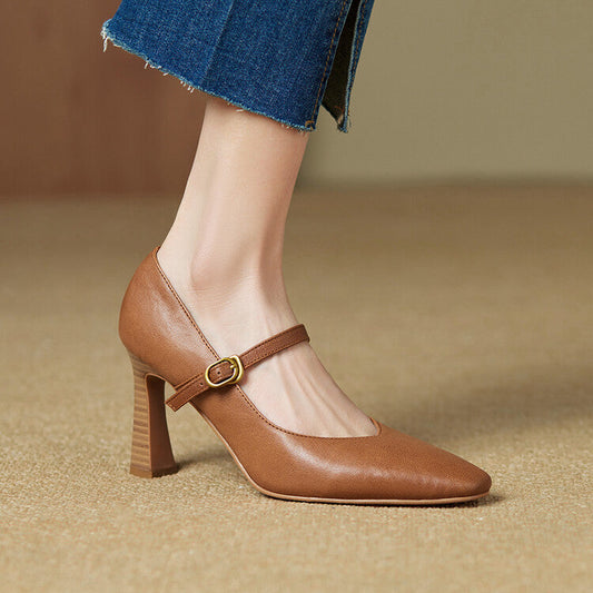 Amelier Women's Leather Mary Jane Pumps Pointed Toe Maroon
