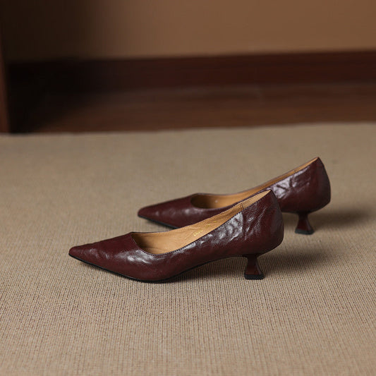 Amelier Women's Leather Kitten Heels Pointed Toe Maroon
