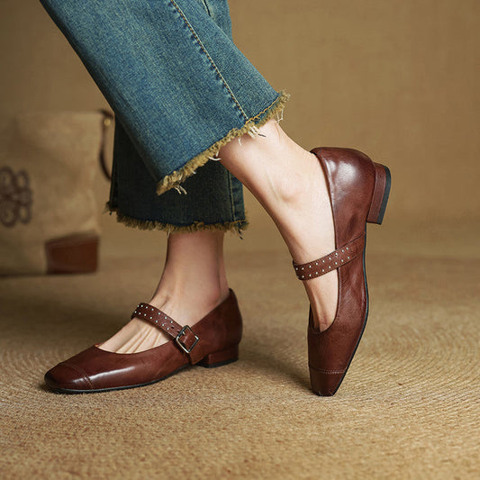 Amelier Women's Leather Mary Jane Pumps Studded