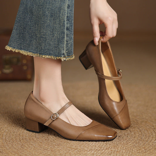 Amelier Women's Leather Mary Jane Pumps Block Heel Pink