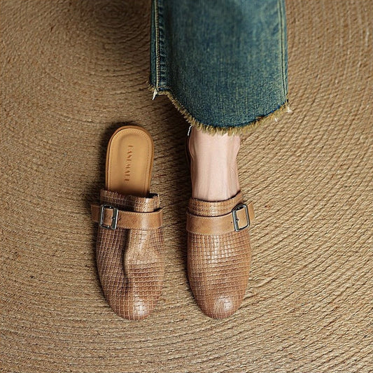 Amelier Women's Woven Leather Mules Buckle Strap Khaki