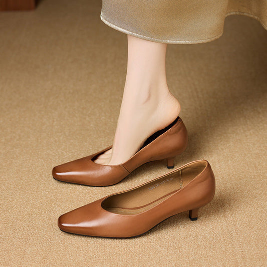 Amelier Women's Leather Pumps Kitten Heel Pointed Toe Brown