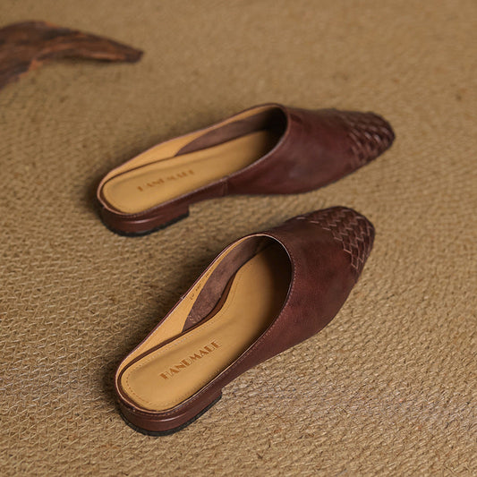 Amelier Women's Woven Leather Mules Slip-On Brown