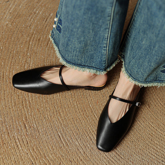 Amelier Women's Leather Mary Jane Mules Square Toe Apricot