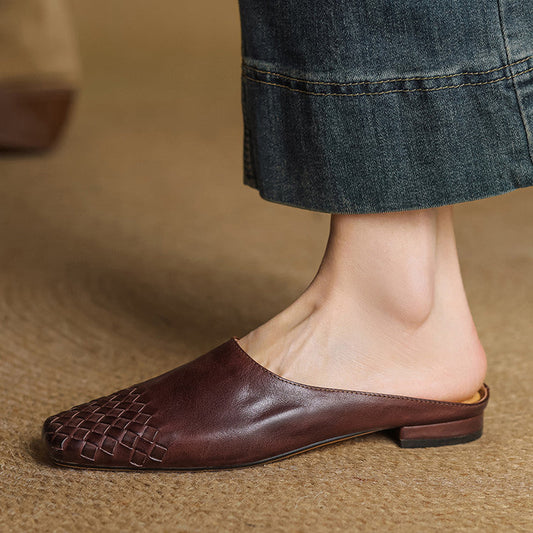 Amelier Women's Woven Leather Mules Slip-On Brown