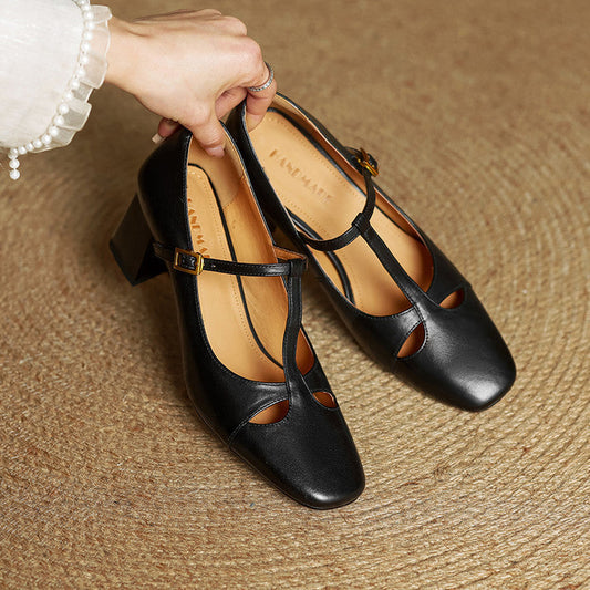 Amelier Women's Leather Pumps Block Heel Brown