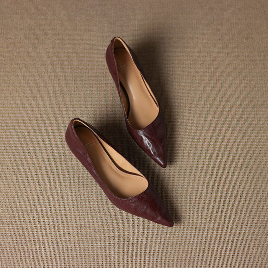 Amelier Women's Leather Kitten Heels Pointed Toe Maroon