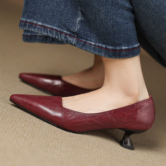 Amelier Women's Leather Pumps Pointed Toe Kitten Heel Maroon
