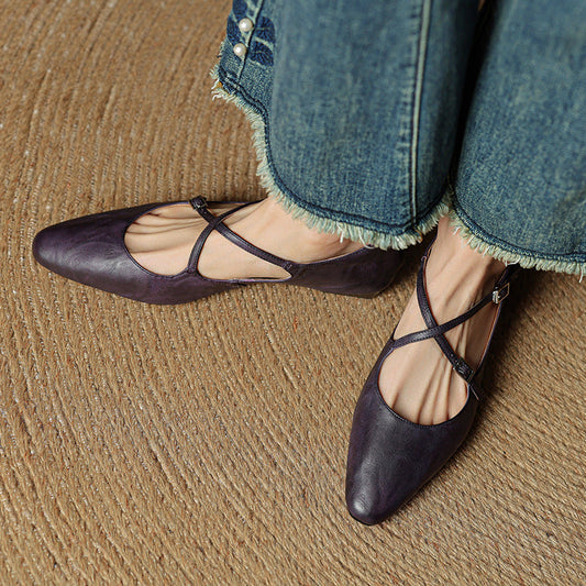 Amelier Women's Leather Ballet Flats Cross-Strap Almond Toe