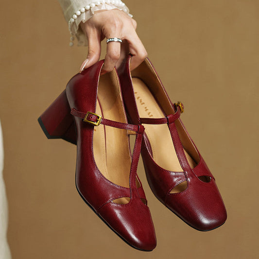 Amelier Women's Leather Pumps Block Heel Brown