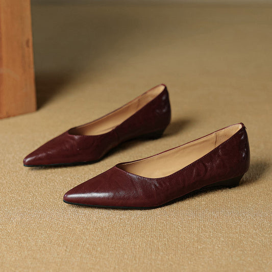 Amelier Women's Leather Flats Pointed Toe Hidden Wedge Burgundy