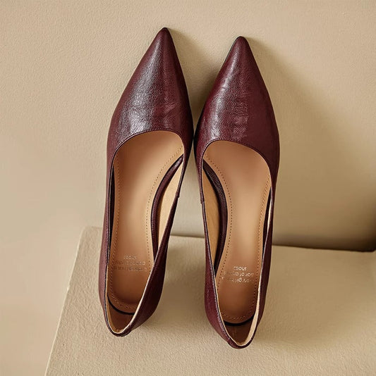 Amelier Women's Leather Kitten Heels Pointed Toe Maroon