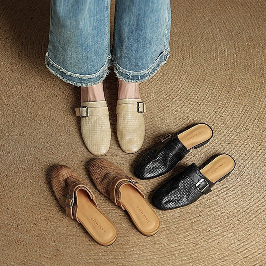 Amelier Women's Woven Leather Mules Buckle Strap Khaki