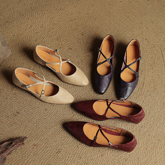 Amelier Women's Leather Ballet Flats Cross-Strap Almond Toe