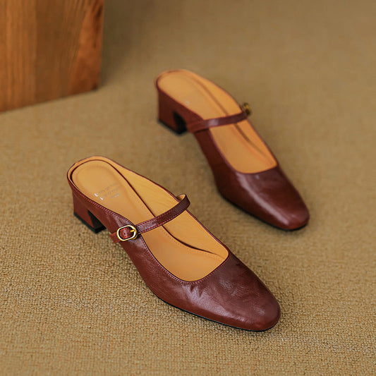 Amelier Women's Leather Mary Jane Mules Slip-On Maroon