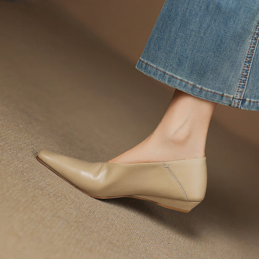 Amelier Women's Leather Flats Square Toe Hidden Wedge Apricot