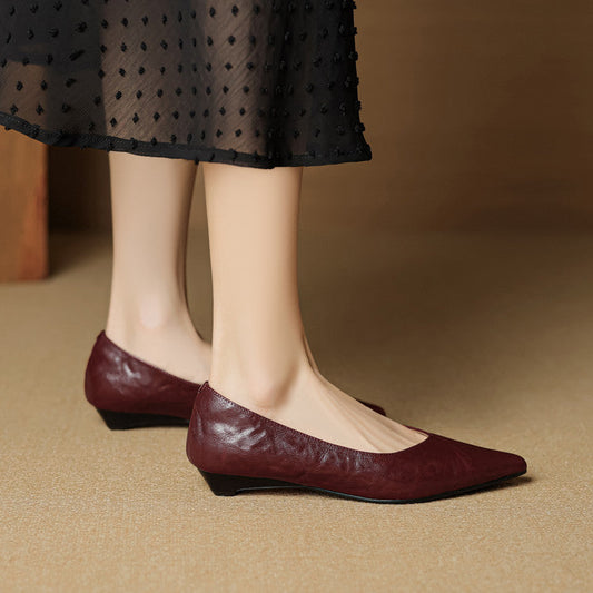 Amelier Women's Leather Flats Pointed Toe Hidden Wedge Burgundy