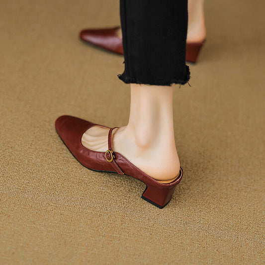 Amelier Women's Leather Mary Jane Mules Slip-On Maroon