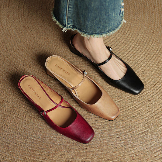 Amelier Women's Leather Mules Square Toe Block Heel Red