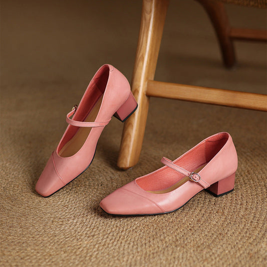 Amelier Women's Leather Mary Jane Pumps Block Heel Pink