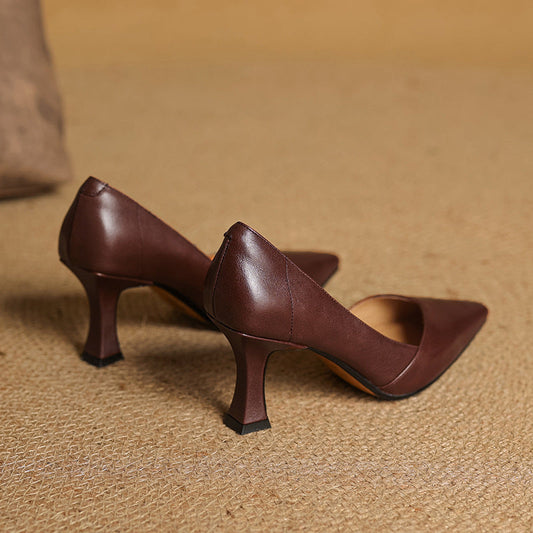 Amelier Women's Leather Heels Pointed Toe Flared Heel