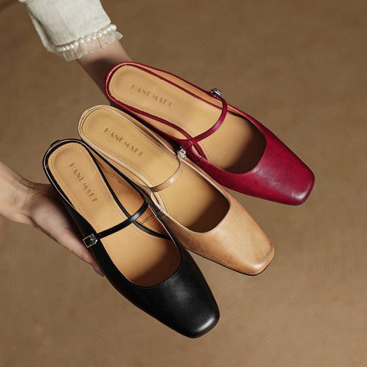 Amelier Women's Leather Mules Square Toe Block Heel Red