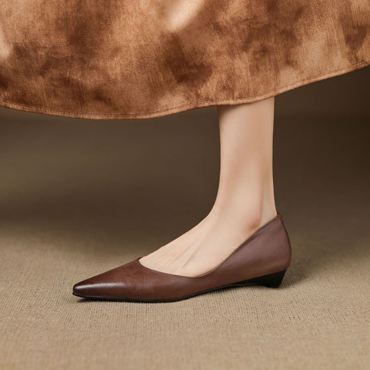 Amelier Women's Leather Flats Pointed Toe Low Block Heel Apricot