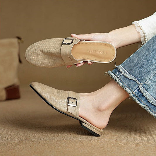 Amelier Women's Woven Leather Mules Buckle Strap Khaki