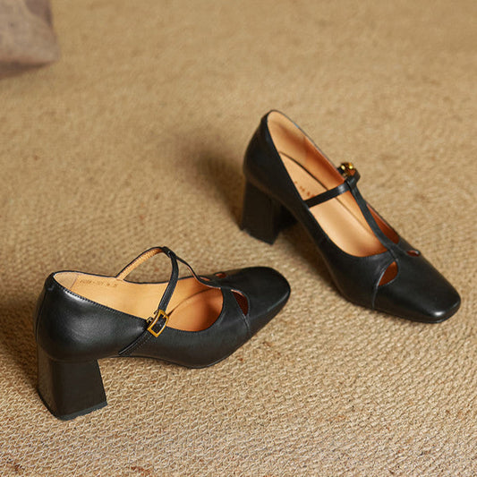 Amelier Women's Leather Pumps Block Heel Brown